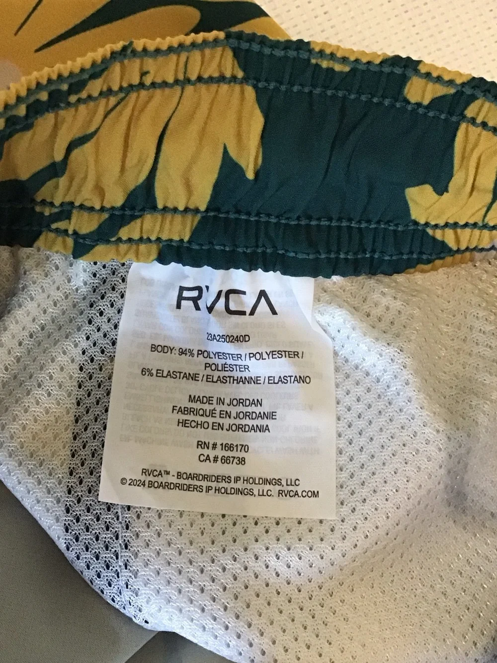 RVCA Men's Dark Green Swim Trunks with Yellow Floral Print